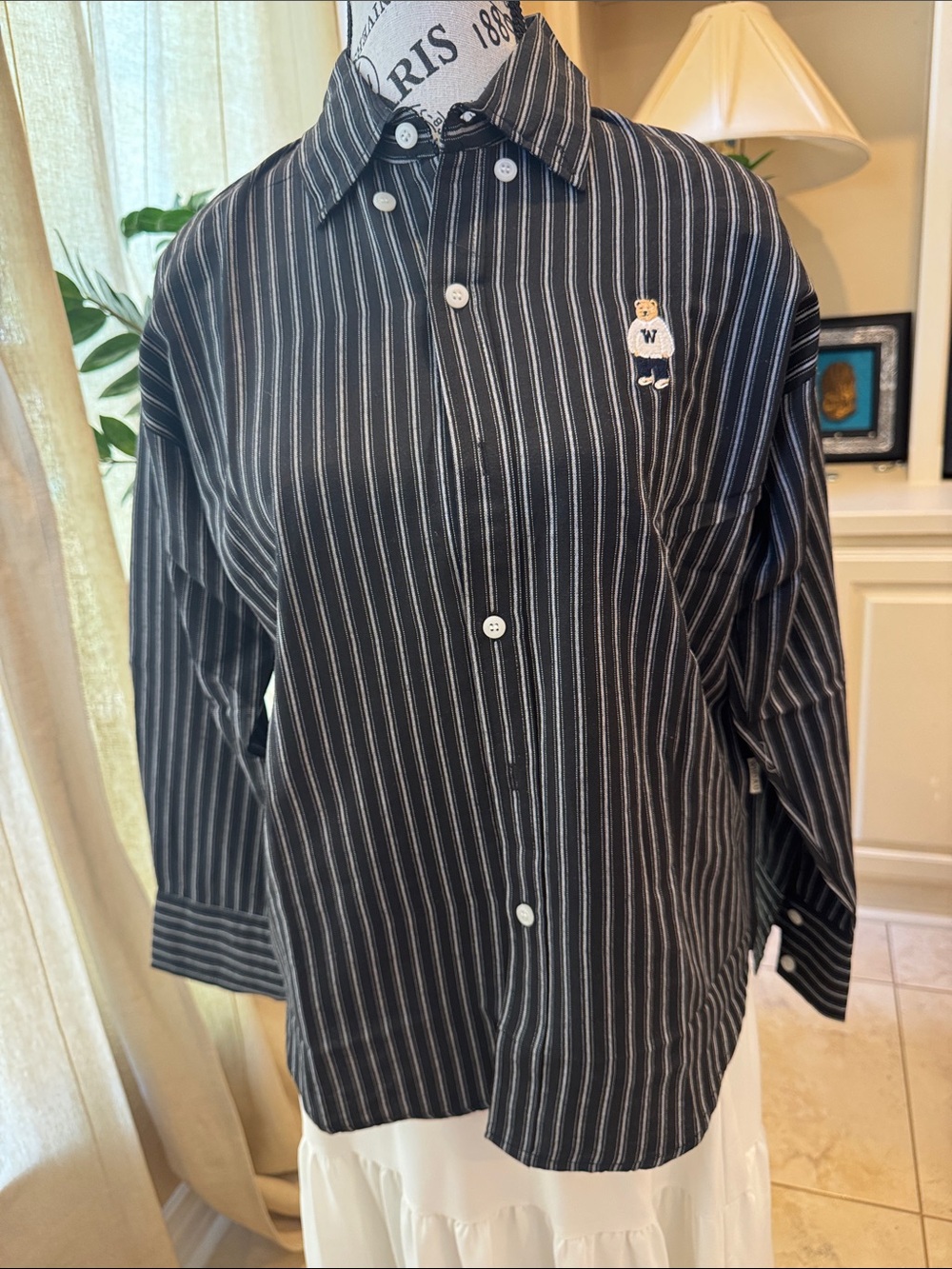 Women's Black Pinstripe Button-Down Shirt with Embroidered Detail